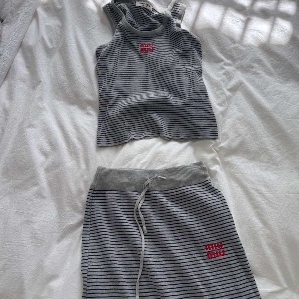 Miumiu Striped Gray Knit Tank and Skirt Set with Red Logo